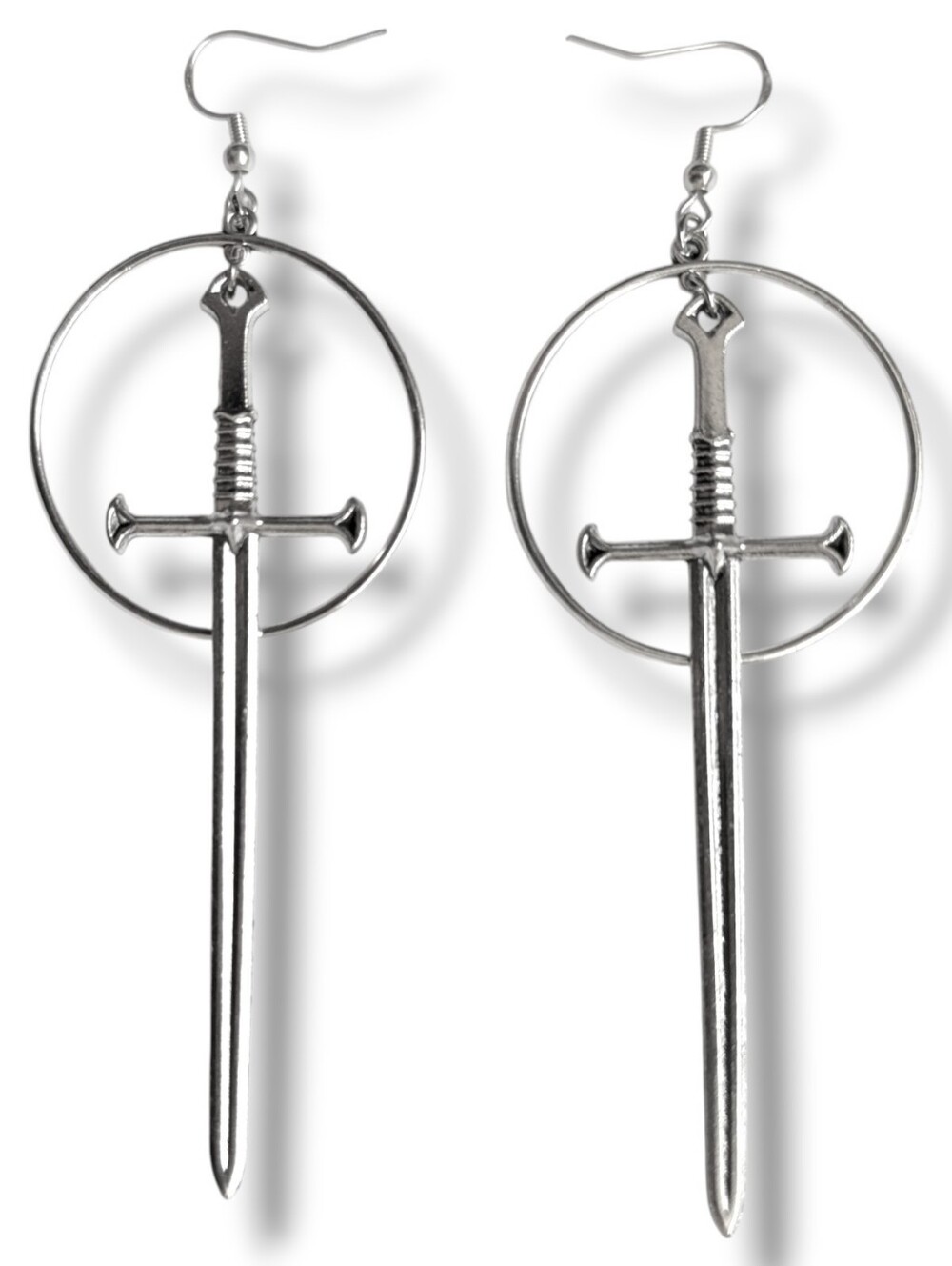 NWT Handmade Extra Long Silver Sword and Hoop Dangly Earrings